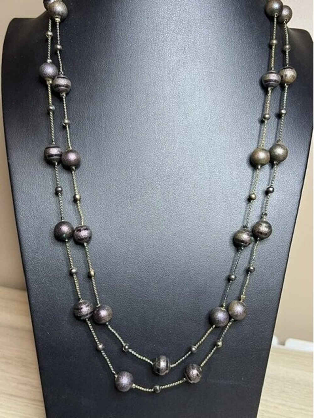 B7415 Coldwater Creek Long Beaded Necklace Metallic Bronze Purple 52"